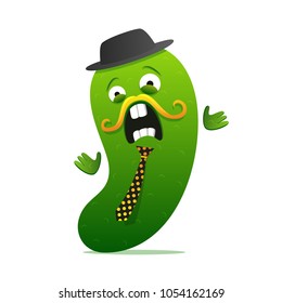 Surprised sir cucumber character. Vegetable for print, menu, recipe. Educated official, magician. Vector cartoon illustration of fear.