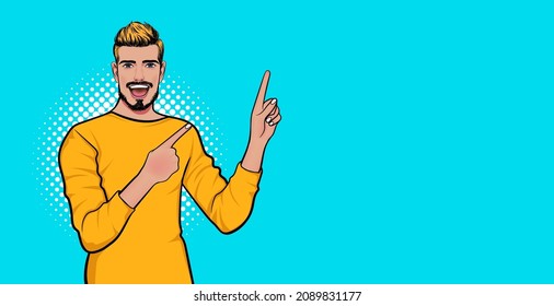 surprised smile man point finger at empty space Pop Art Comic Style