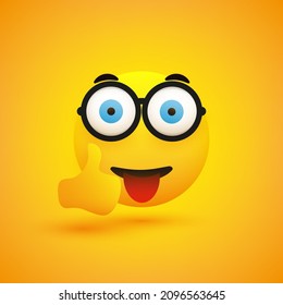 Surprised, Smiling Emoji with Glasses, Pop Out Wide Open Eyes and Stuck Out Tongue Showing Thumbs Up - Simple Happy Emoticon on Yellow Background - Vector Design