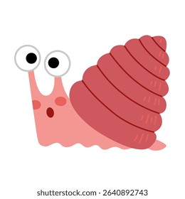 Surprised snail character in a simple flat style. Fun and playful animal design for educational printables, decor, and nature activities. Isolated Vector Illustration