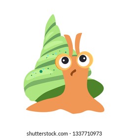 Surprised snail with green cochlea flat icon. Book character, sea life, garden animal. Mollusk concept. Vector illustration can be used for topics like zoology, nature, fauna