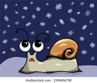 surprised snail watching snow falling snowflakes vector illustration card