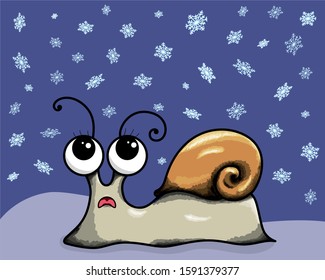 surprised snail watching snow falling snowflakes vector illustration card