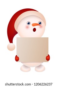 Surprised snowman holding banner vector illustration. Holiday sale, invitation, greeting card. Christmas concept. Vector illustration can be used for topics like holiday, advertising, shopping