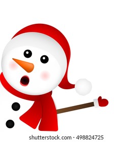 Surprised Snowman on a white background looks out from the side, vector illustration