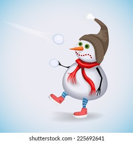 Surprised Snowman playing snowballs. Winter fun. Vector illustration.