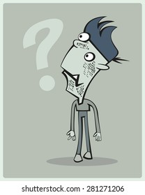 Surprised standing little Boy is looking at the question mark