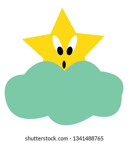 A surprised star is looking out of blue clouds vector color drawing or illustration 