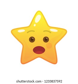 Surprised star shaped comic emoticon. Open-eyed face with facial expression. Amazed emoji symbol for internet chatting. Funny social communication animation. Mood message isolated vector element