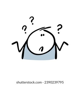 Surprised stickman throws up his hands in bewilderment, does not know how to answer the question. Vector illustration of stupid boy without knowledge and education. Isolated on white background.