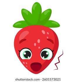 Surprised strawberry character with big expressive eyes and green leaves. Fun and colorful fruit illustration for kids' products, packaging, stickers, educational materials, and digital designs