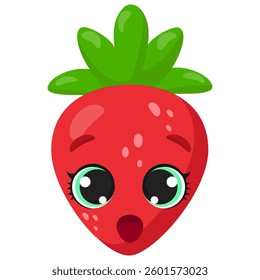 A surprised strawberry with large green leaves and expressive wide eyes. Bright and fun fruit design perfect for packaging, kids' prints, educational materials, and digital projects