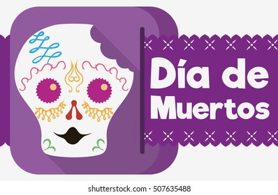 Surprised sugar skull bitten with a greeting paper tissue commemorating Mexican "Dia de Muertos" (translate from Spanish: "Day of the Dead") in flat style.