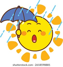 Surprised Sun Cartoon with Umbrella Under Rain – Funny Weather Vector