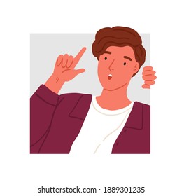 Surprised teen peeping into squared frame vector flat illustration. Amazed male teenager searching or seeking for something, performing idea gesture isolated on white. Peeking person.