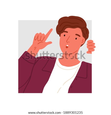 Surprised teen peeping into squared frame vector flat illustration. Amazed male teenager searching or seeking for something, performing idea gesture isolated on white. Peeking person.