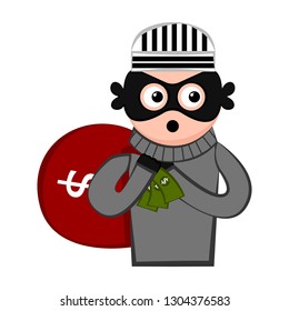 Surprised thief cartoon with a money bag. Vector illustration design