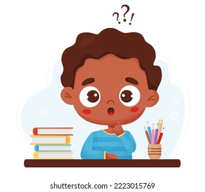 Surprised thoughtful black boy at table with books and stationery, pencils. Vector illustration in cartoon style. Male ethnic student, study and lesson concept, search for an answer