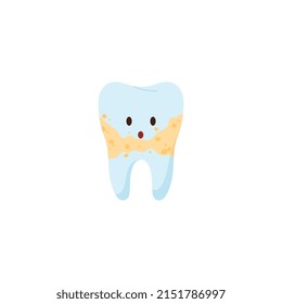 Surprised tooth beginning to become yellow and dirty, flat vector illustration isolated on white background. Cartoon dental character with concept of whitening or cleaning.