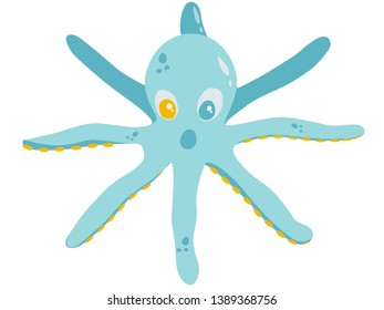 A surprised turquoise and yellow cartoon octopus with differently coloured eyes and all limbs visible; a vector illustration can be used for children's educational materials or product packaging.