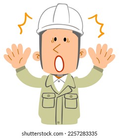 Surprised, the upper body of a young man wearing work clothes and a helmet