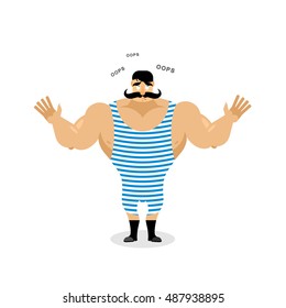 Surprised vintage athlete speak OOPS. Perplexed Retro athlete. Struck Ancient bodybuilder with mustache. With wide-eyed strong circus performer
