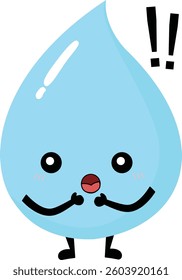 Surprised water drop character highlighting water issues and awareness.