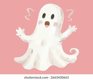 Fantasma de aquarela surpreso com mãos levantadas e base em espiral, definido contra um fundo rosa suave. Estilo de Halloween divertido e expressivo. Ilustração vetorial.