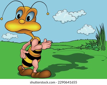 Surprised Wingless Bee Walks on the Ground with its Head Turned - Colored Cartoon Illustration with Background, Vector