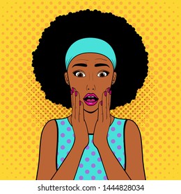 Surprised woman with afro hair.Comic woman. Wow face female. Pop Art vintage vector illustration