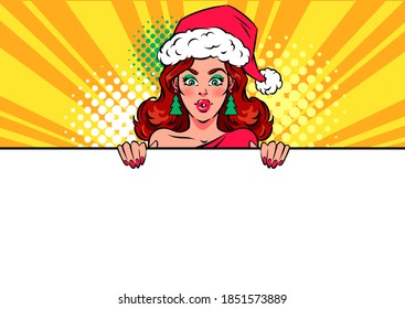 Surprised woman behind white blank banner. New Year party invitation poster. Pop art vector illustration.	
