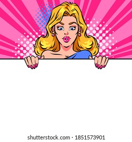 Surprised woman behind white blank banner. Pop art vector illustration.	