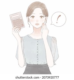 Surprised woman with calculator. On white background.