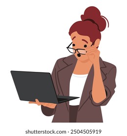 Surprised Woman Character With Glasses, Holding And Looking At A Laptop Screen. Cartoon Vector Illustration Captures Astonishment Or Shock, Possibly Due To Surprising News Or Unexpected Information