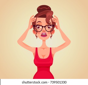 Sorprendido personaje femenino. Dibujo de dibujos animados planos vectoriales