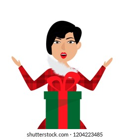 Surprised woman with Christmas gift. Christmas concept. EPS 10.
