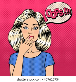 Surprised Woman. Comic Style. Pin Up Girl. Bubble Oops. Pop Art. Vector illustration