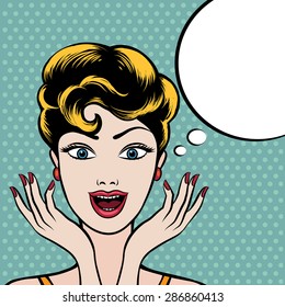 Surprised woman with empty speech bubble. Pop art illustration. No gradients used.
