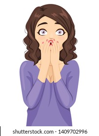 Surprised woman with eyes wide open in shock covering open mouth with hands