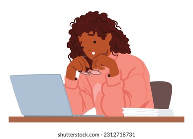 Surprised Woman, Eyes Wide, Staring At Laptop Screen In Disbelief. Female Character with Expression Of Astonishment And Shock On Her Face. Cartoon People Vector Illustration