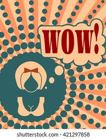 Surprised woman face icon with thinking cloud. Wow message in bubble speech