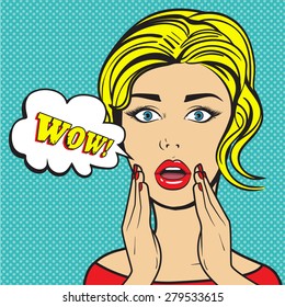 Surprised woman face with open mouth. Pop art vector illustration. Wow! bubble