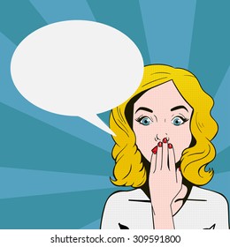 Surprised woman face with open mouth and speech bubble. Pop art portrait. Vector illustration