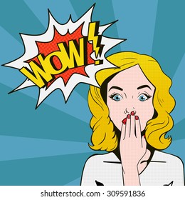 Surprised woman face with open mouth and WOW sign in speech bubble. Pop art portrait. Vector illustration