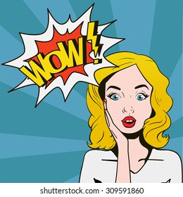 Surprised woman face with open mouth and WOW sign in speech bubble. Pop art portrait. Vector illustration