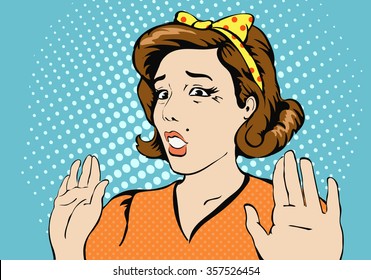 Surprised woman face with open mouth. Scared pop art girl with hands raised  Vintage vector illustration