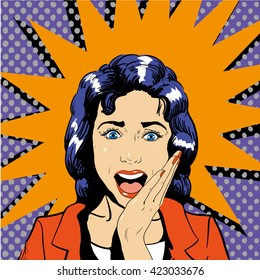 Surprised woman face with open mouth. Vector illustration in retro pop art comic style. Wow effect.