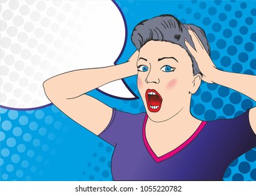 Surprised woman face, pop art style, look and open mouth. Vector illustration