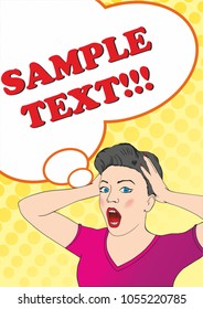 Surprised woman face, pop art style, look and open mouth. Vector illustration