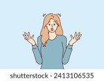 Surprised woman feels shock and indignation because injustice shown, stands with arms spread to sides. Girl opens mouth after experiencing shock associated with sharp rise in prices and high inflation